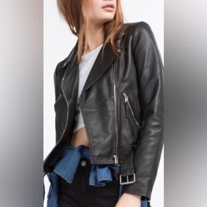 Zara TRF Leather Biker Moto Jacket Zip Up Belted Size Small